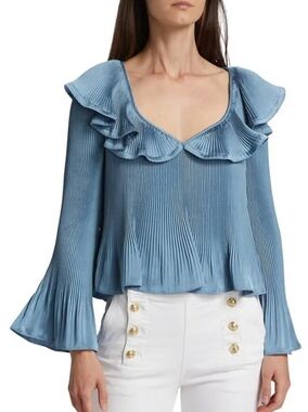 NWT Derek Lam 10 Crosby Ruffle Neck Pleated Blouse in Soft Blue Size 2